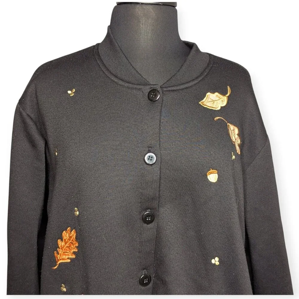 BonWorth Black Button Front Cardigan Leaf Squirrel & Fall Designs Size Large Pet